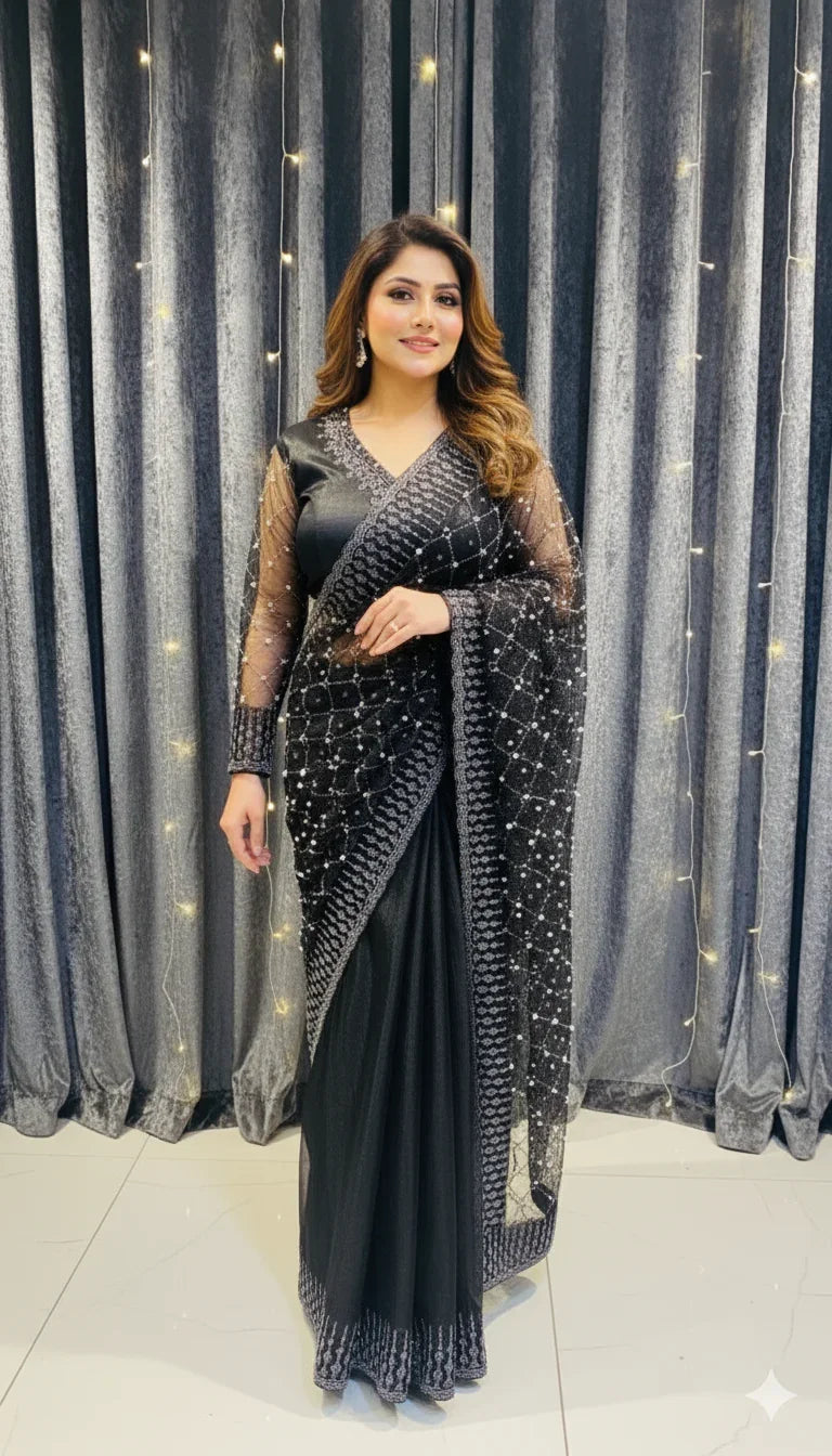 RHINE STONE PEARL HANDMADE SAREE