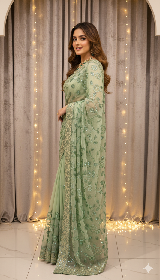 Pista Net Sequance Saree