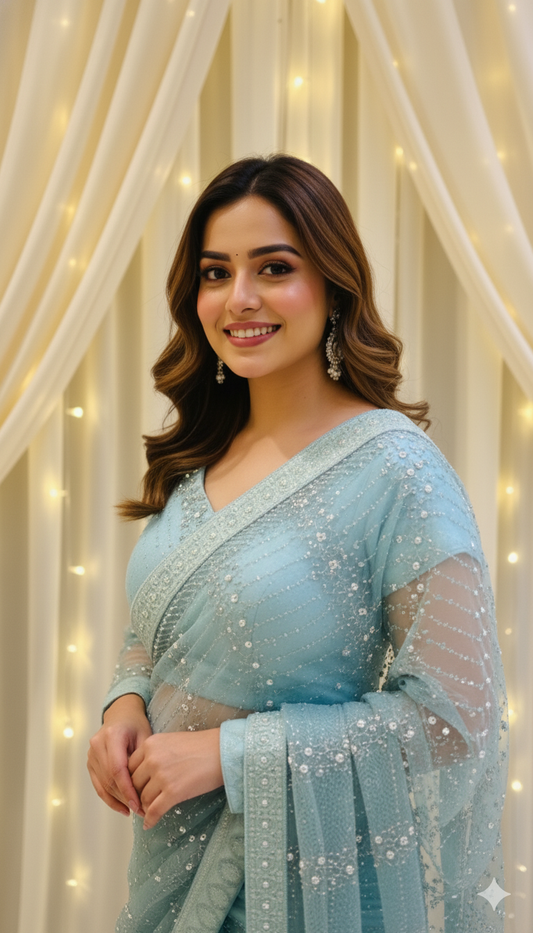 ICE BLUE RHINE STONE PEARL HANDMADE SAREE