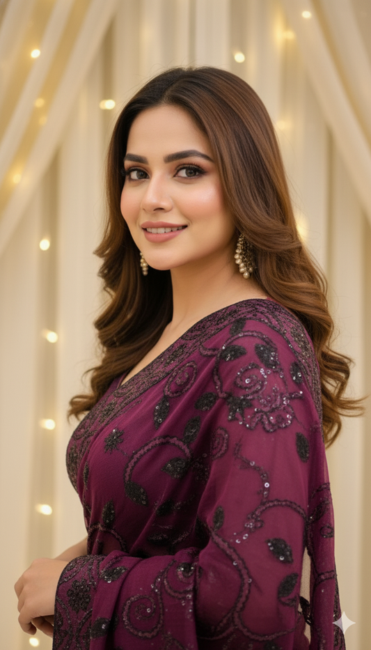Mehroon Net Sequance Saree