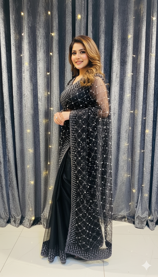 BLACK RHINE STONE PEARL HANDMADE SAREE