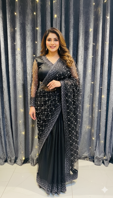 BLACK RHINE STONE PEARL HANDMADE SAREE