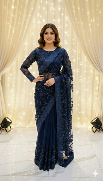 Blue Net Sequance Saree