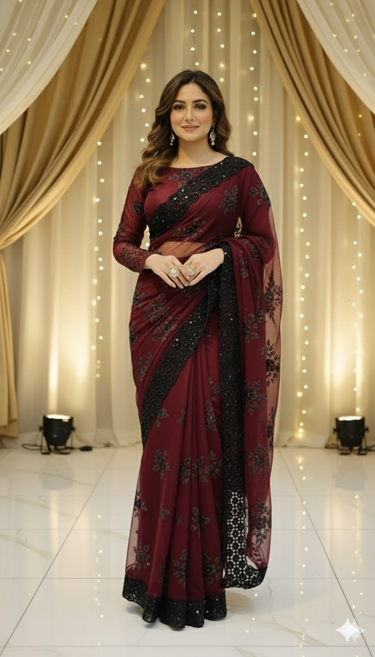 MHROON PEARL HANDMADE SAREE