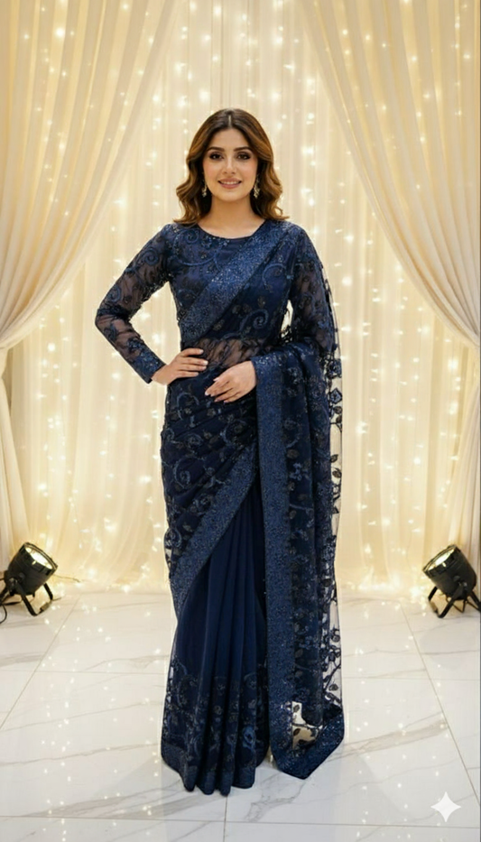 Blue Net Sequance Saree