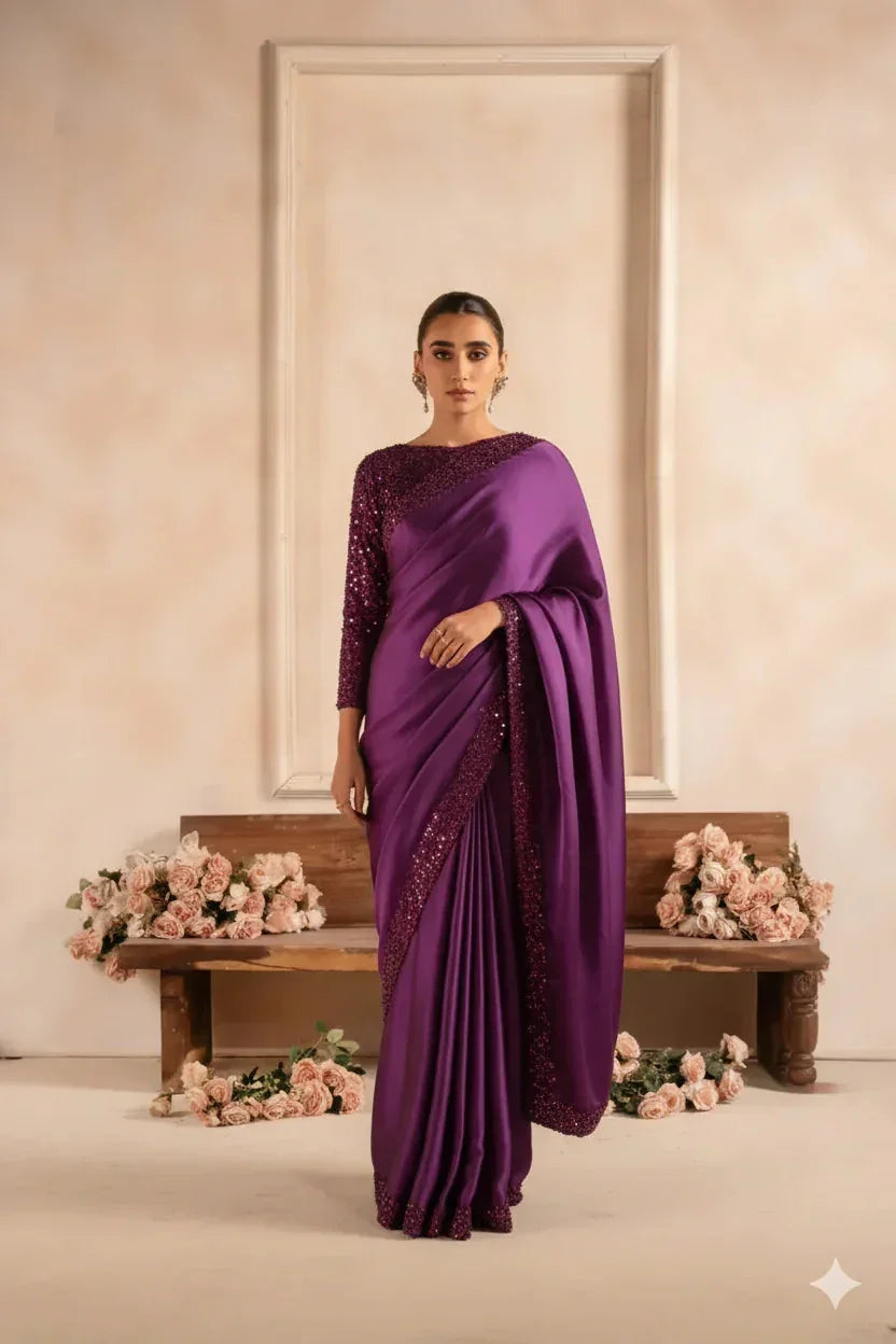 Woman in elegant purple sequin saree standing indoors with floral decor