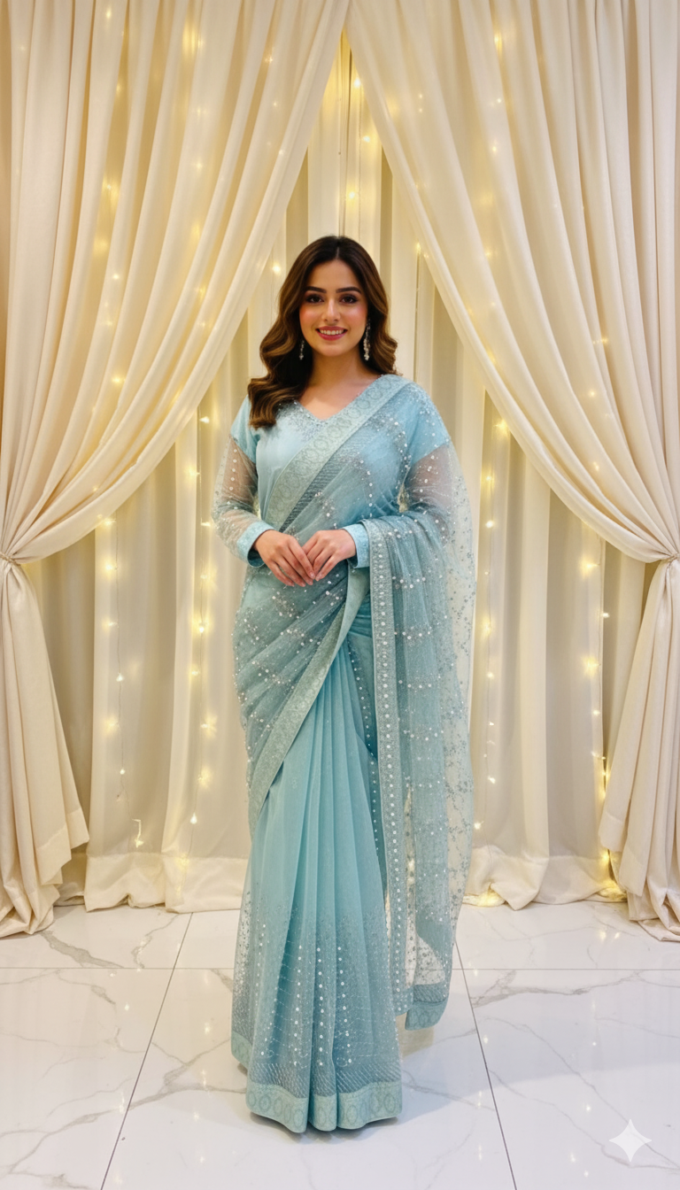 ICE BLUE RHINE STONE PEARL HANDMADE SAREE