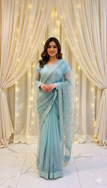 ICE BLUE RHINE STONE PEARL HANDMADE SAREE