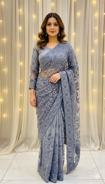 Grey Net Sequance Saree