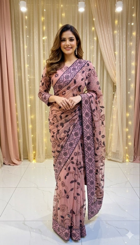 Pink Net Sequance Saree